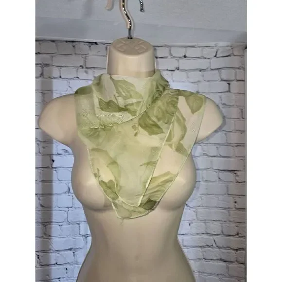 Womens Green Floral Sheer Square Neck Or Head Scarf - Picture 1 of 5